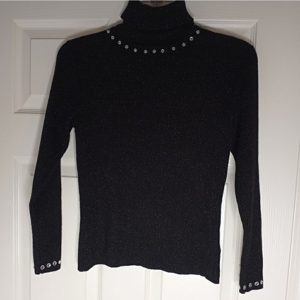 WorthingtonPetiteM BlackKnitMetalic RhinestonesBeadedLngslvsTurtleneckWomen'sTop